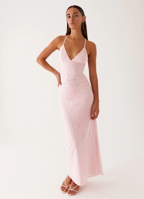 Noble Glow Silky Surface Beki Beaded Mesh Maxi Dress - Pink
