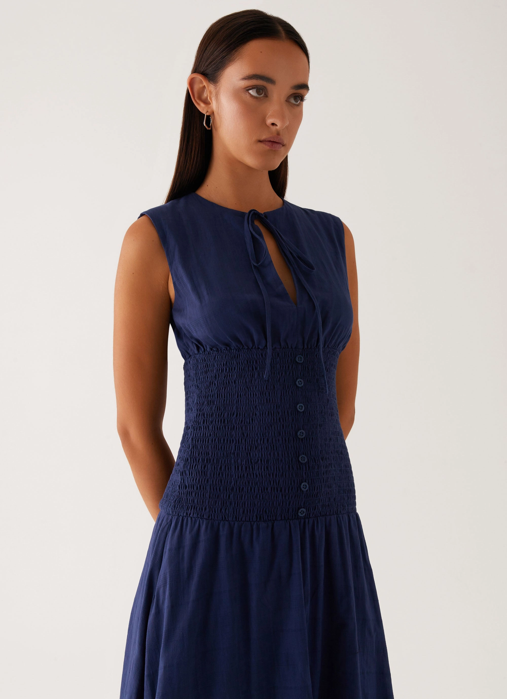 Seasonal Layering Belle Shirred Waist Midi Dress - Navy