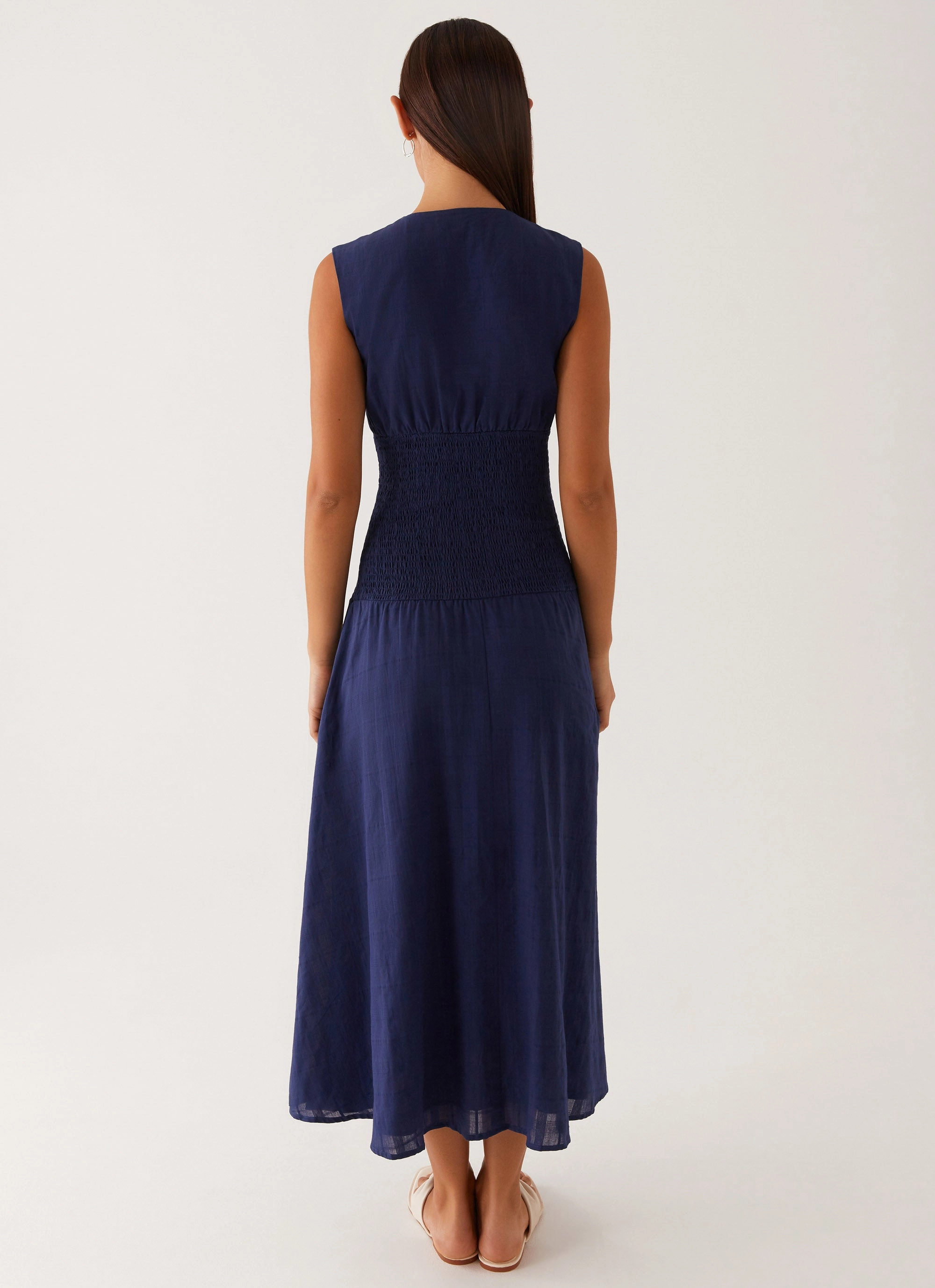 Belle Shirred Waist Midi Dress - Navy Smooth silhouette