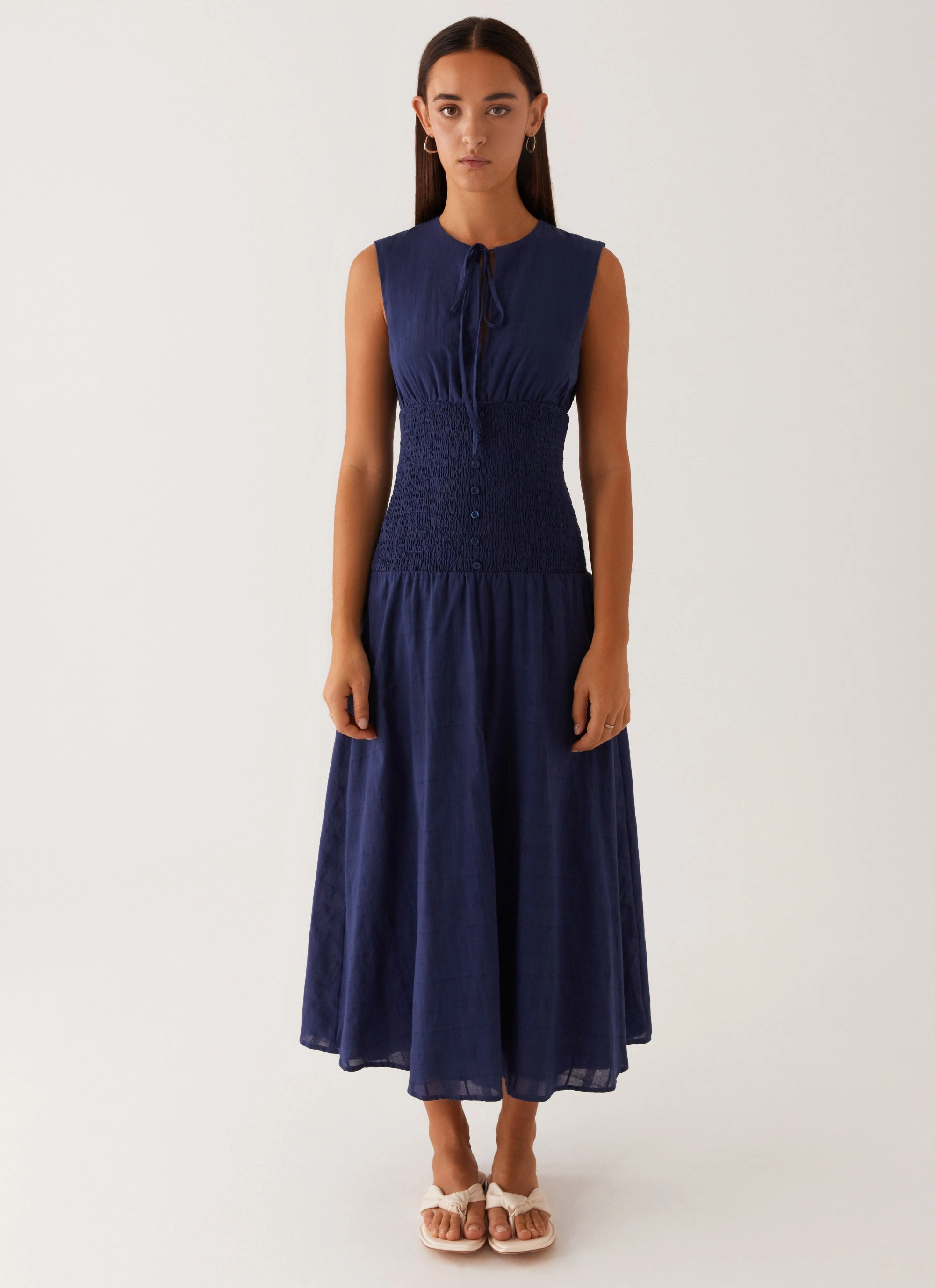 Lace Accent Belle Shirred Waist Midi Dress - Navy