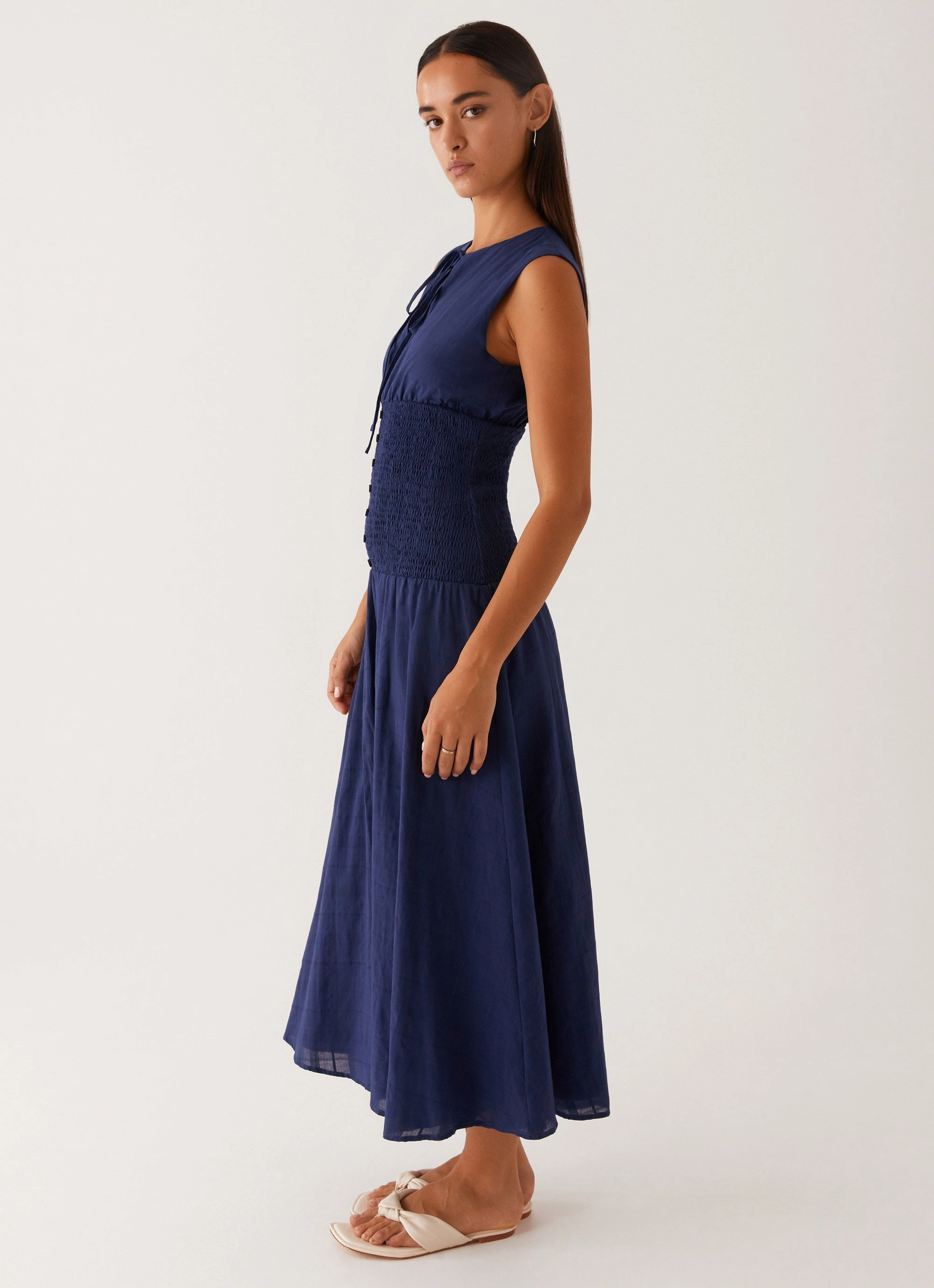 Belle Shirred Waist Midi Dress - Navy Work-to-Play Wear Front-Pocket