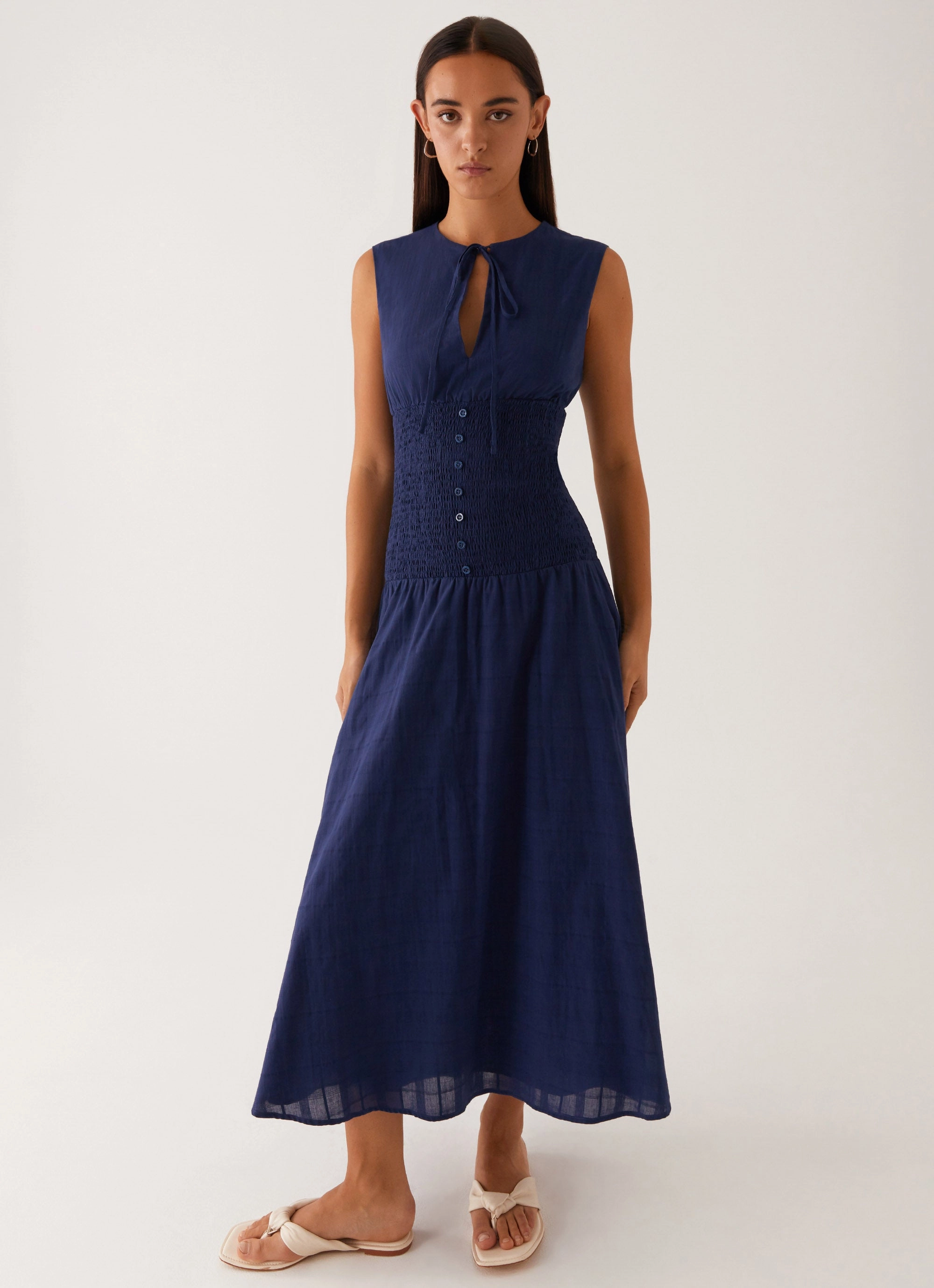 Belle Shirred Waist Midi Dress - Navy Modern Layers Delicate Finish