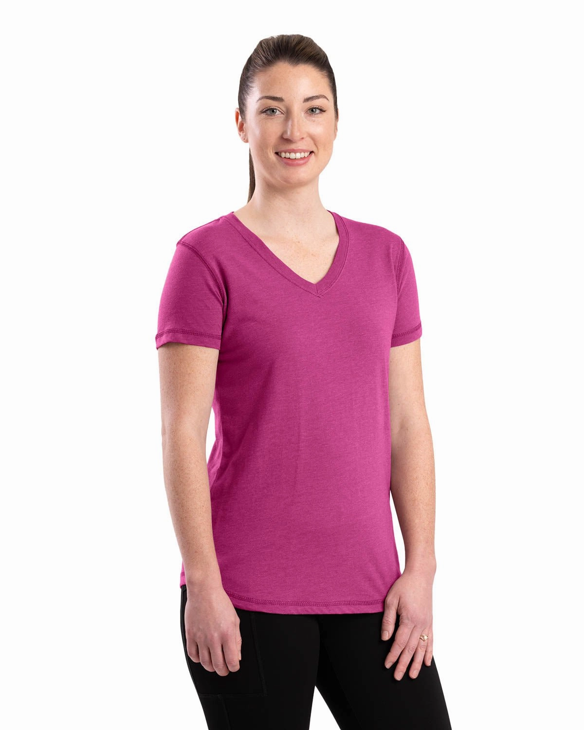 Premium Feel Wrinkle-Free Berne Light Magenta Cotton Blend Womens Performance V-Neck Tee S/S