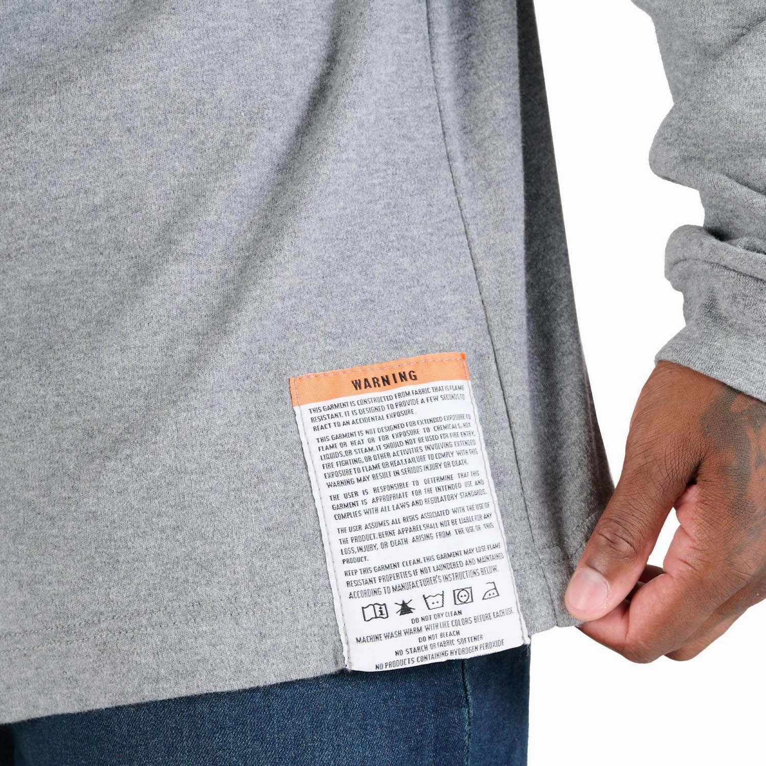 Berne Mens FR Crew Neck Pocket Grey 100% Cotton L/S T-Shirt Leather combination