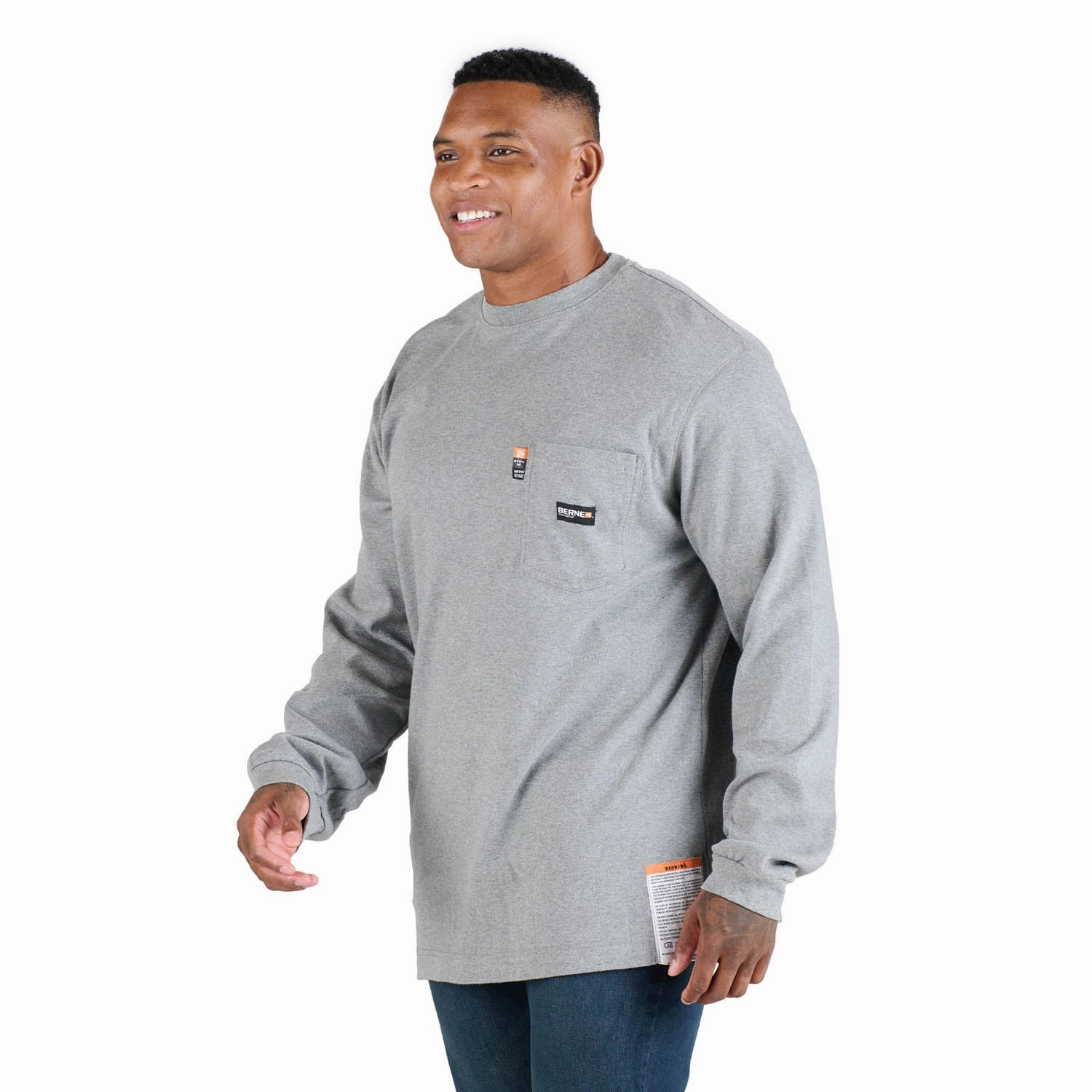 Roomy Fit certified Berne Mens FR Crew Neck Pocket Grey 100% Cotton L/S T-Shirt