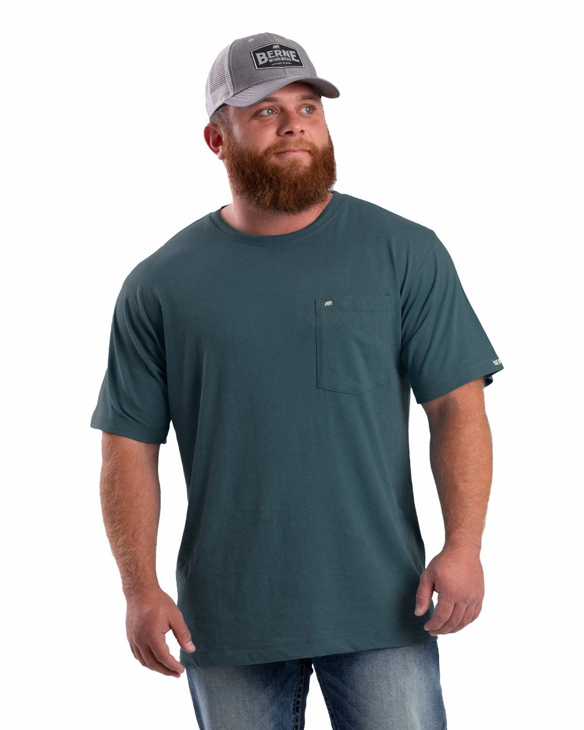 Berne Mens Performance Pocket Tee Tapestry Blue Cotton Blend S/S T-Shirt Active Outfit Pocket Detailing