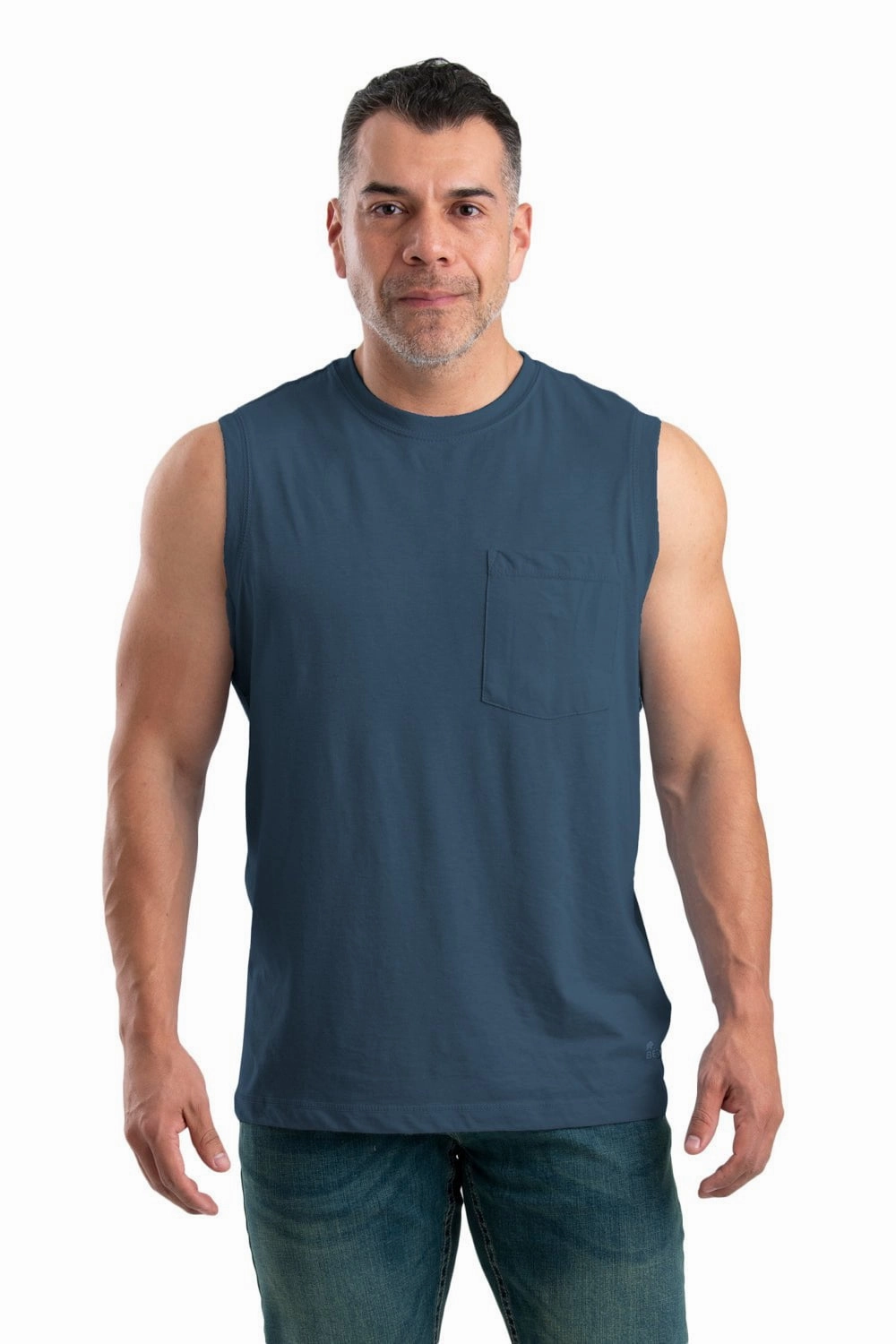 Sports Ready Berne Mens Space Blue Cotton Blend Performance Pocket Tee S/L