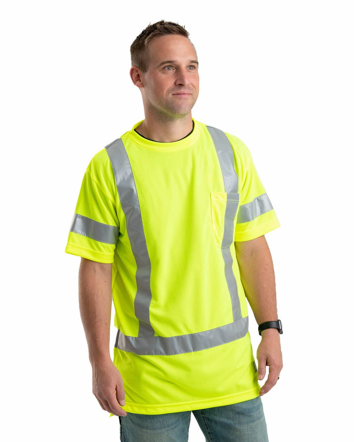 shopping spree Hidden Placket Berne Mens Yellow Polyester Hi-Vis Class 3 Performance S/S