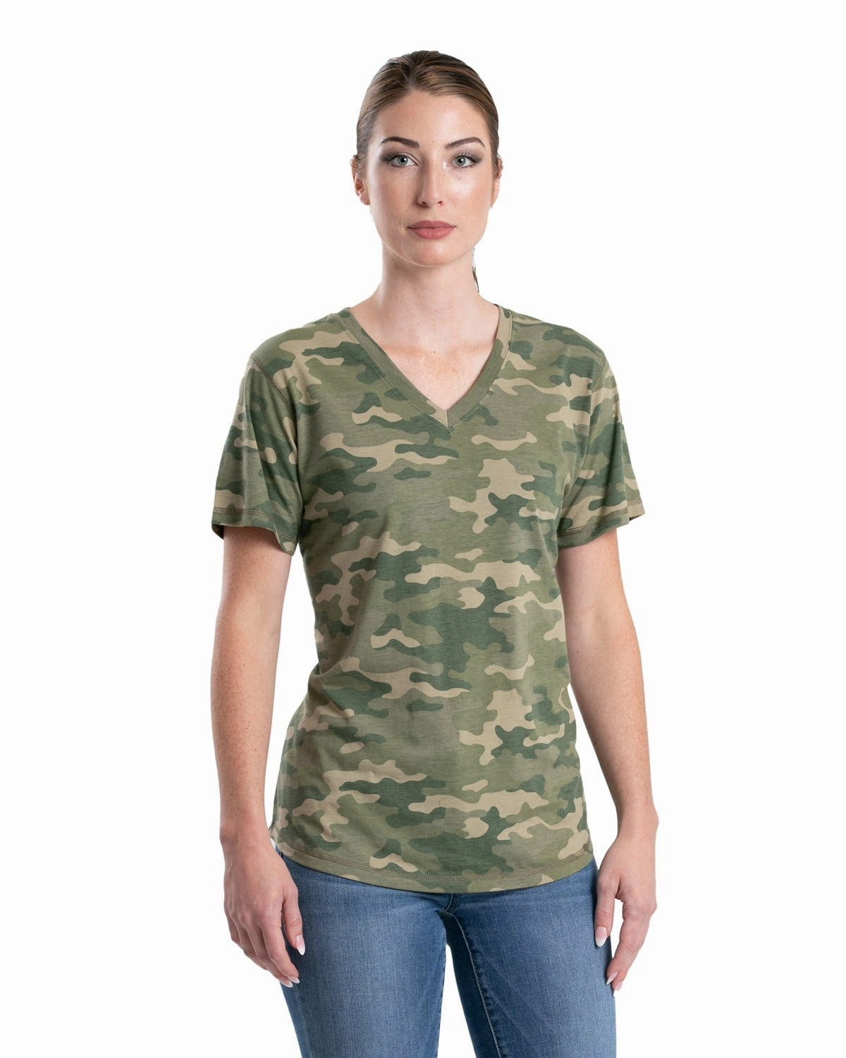 Berne Womens Performance V-Neck Forest Camo Cotton Blend S/S T-Shirt Organic Cotton