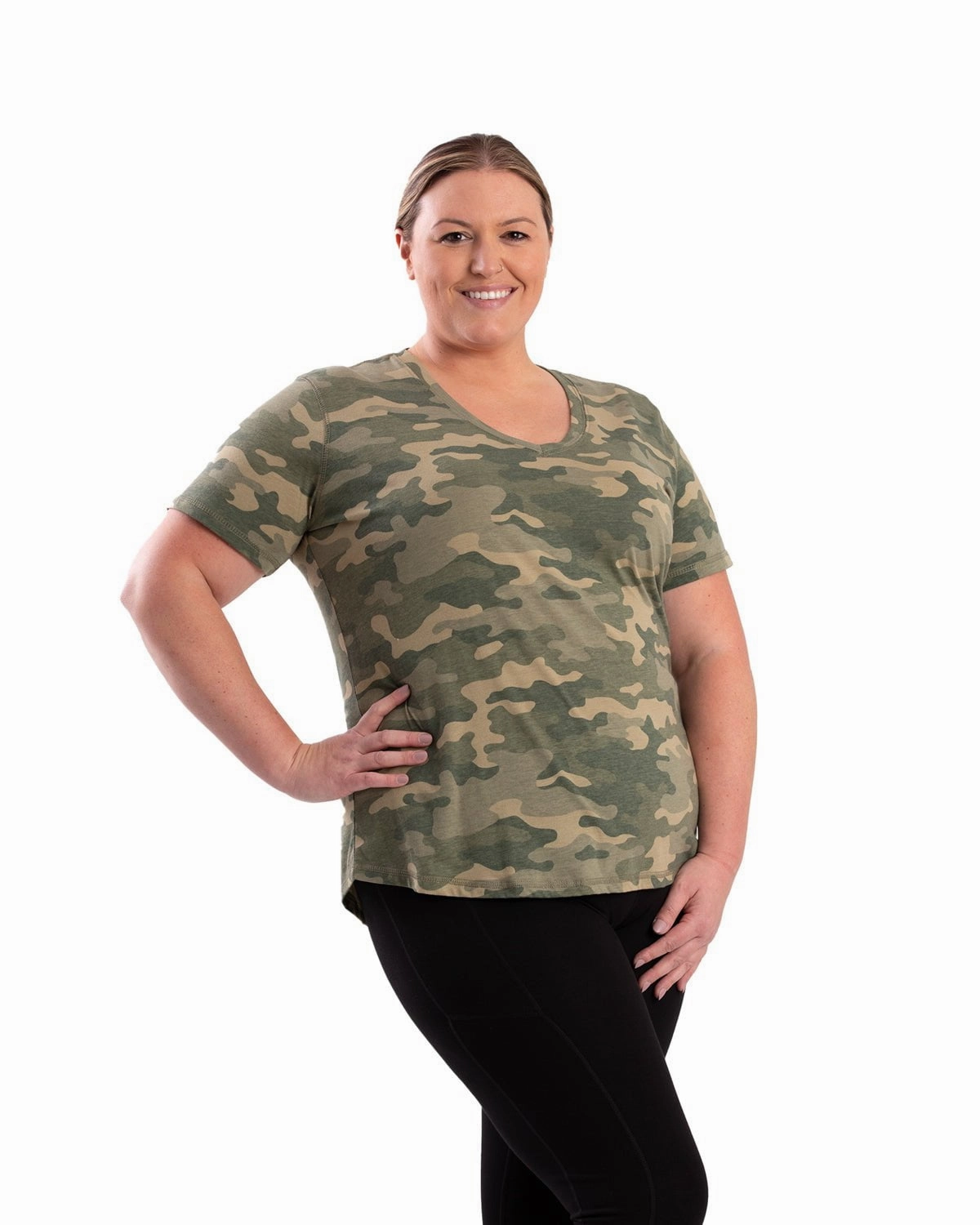 Berne Womens Performance V-Neck Forest Camo Cotton Blend S/S T-Shirt Summer Outfit