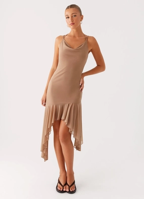 Bessie Midi Dress - Beige Trendy Silhouette Clean Stitch