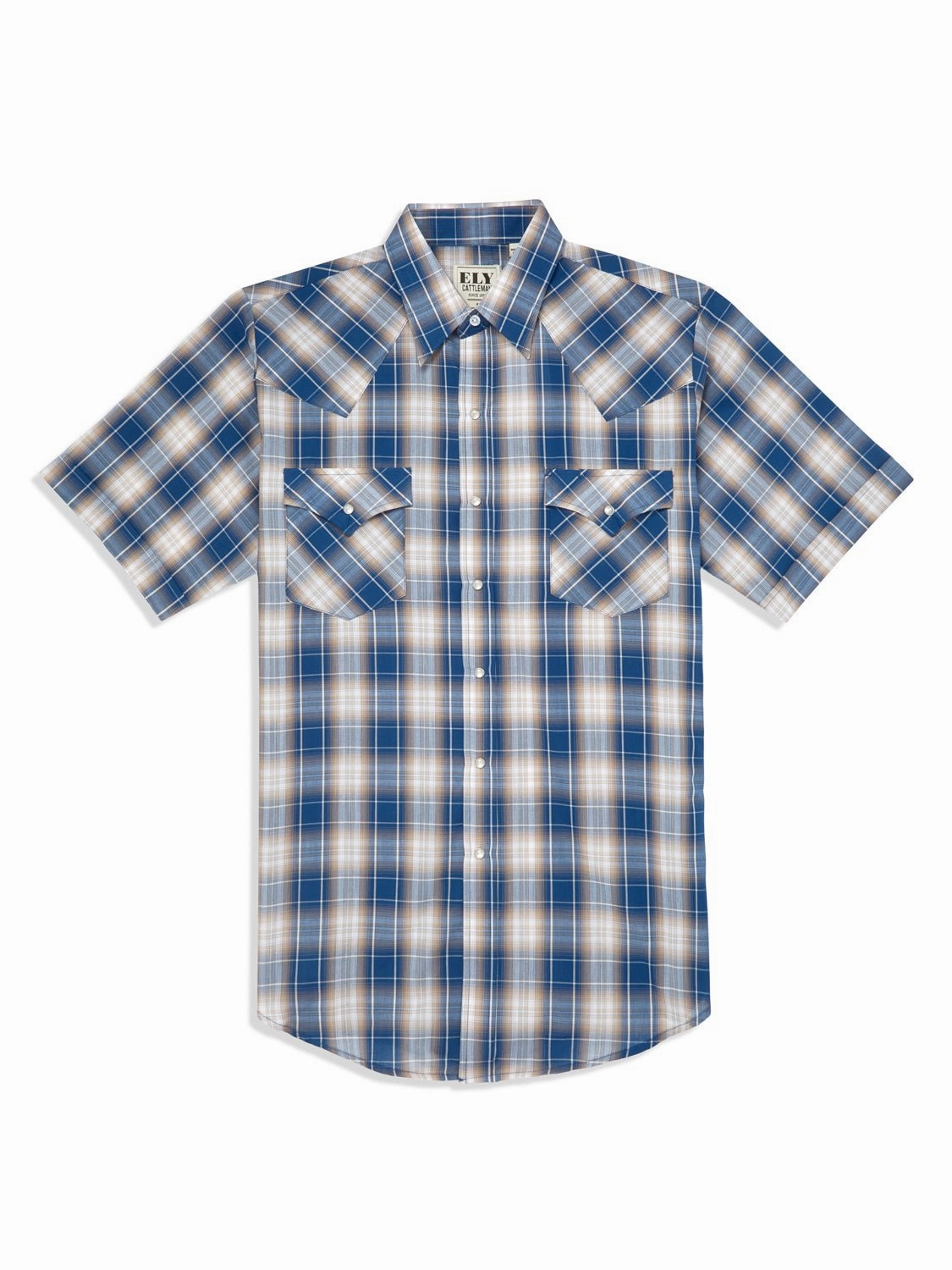 Fashion-Forward Ely and Walker Mens Plaid Snap Blue Poly/Cotton S/S Shirt