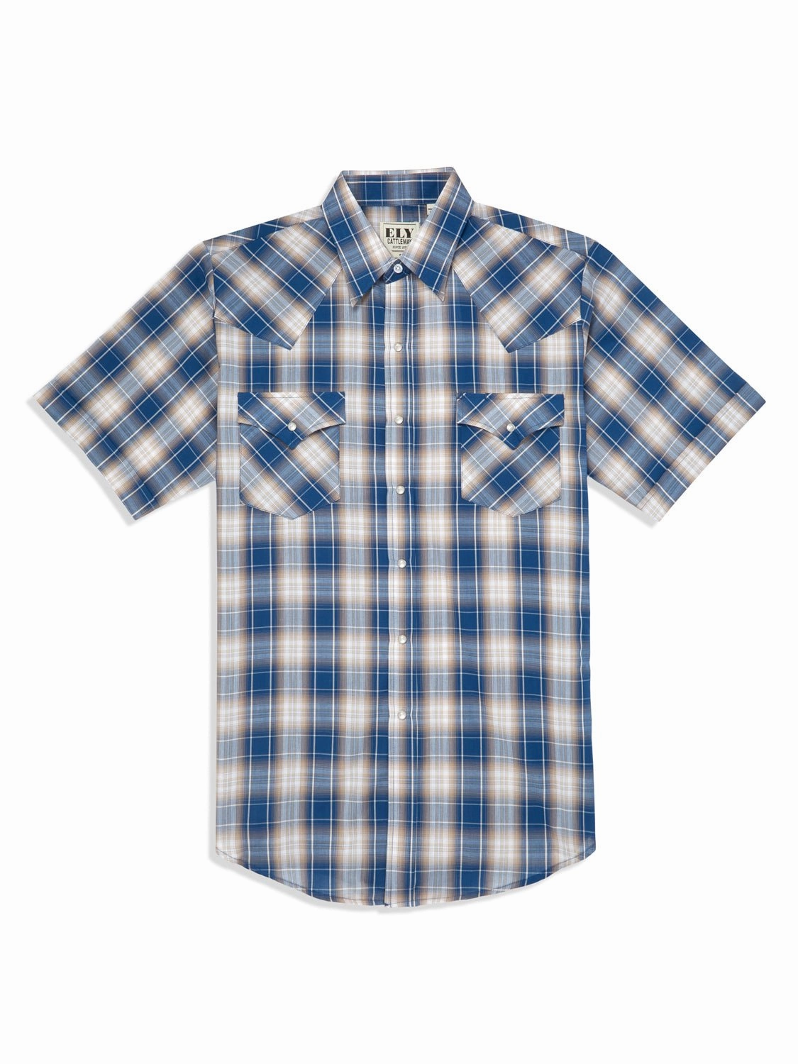 Ely and Walker Mens Plaid Snap Blue Poly/Cotton S/S Shirt Backpacking Trip Micro Perforated Texture
