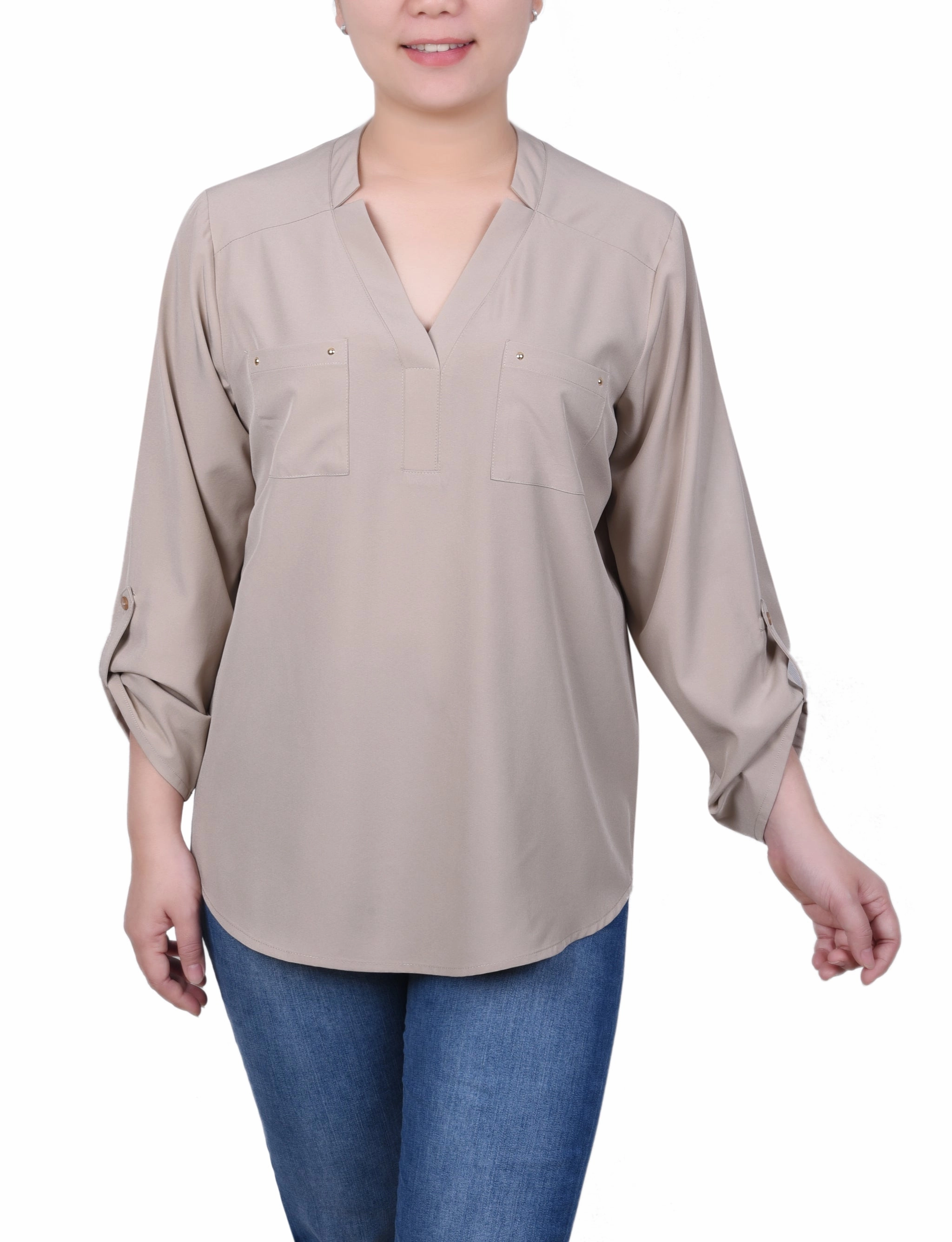 Roll Tab Sleeve Blouse with Pockets Roll Up Sleeve System Airflow Mesh Insert