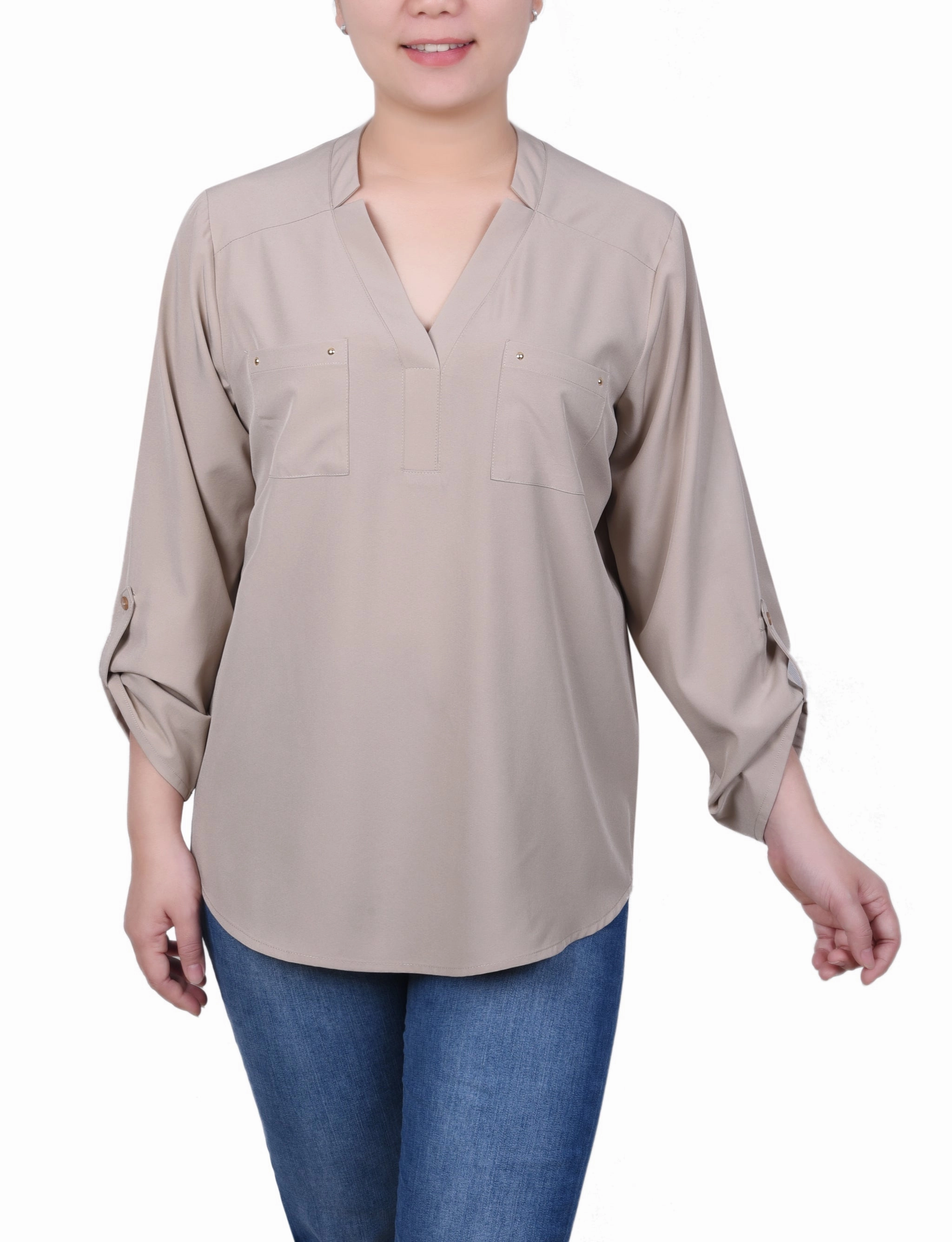 Textured Weave Pattern BreathableMaterial Roll Tab Sleeve Blouse with Pockets