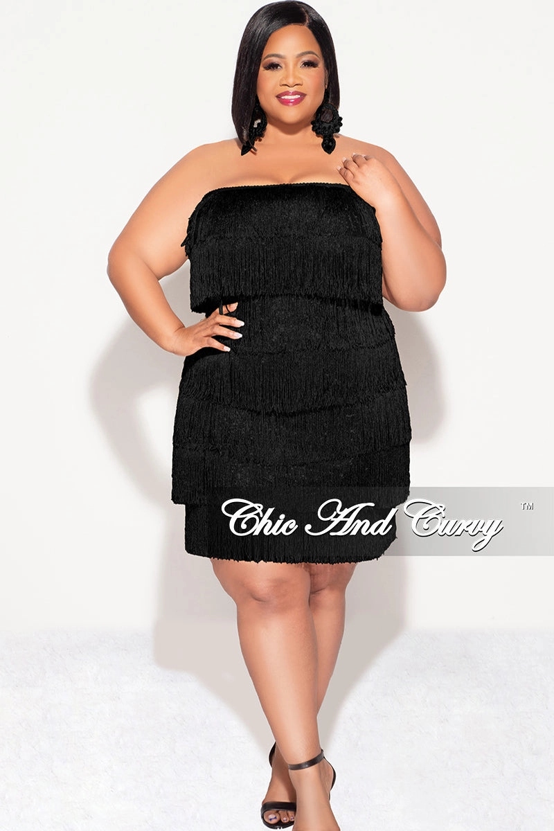 Rubberized grip Final Sale Plus Size Strapless Fringe Dress in Black