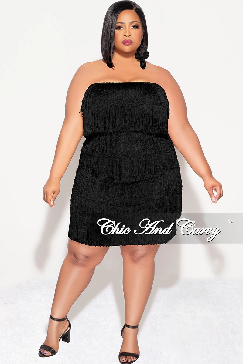 DropShoulderConstruction Rolled Hem Finish Final Sale Plus Size Strapless Fringe Dress in Black