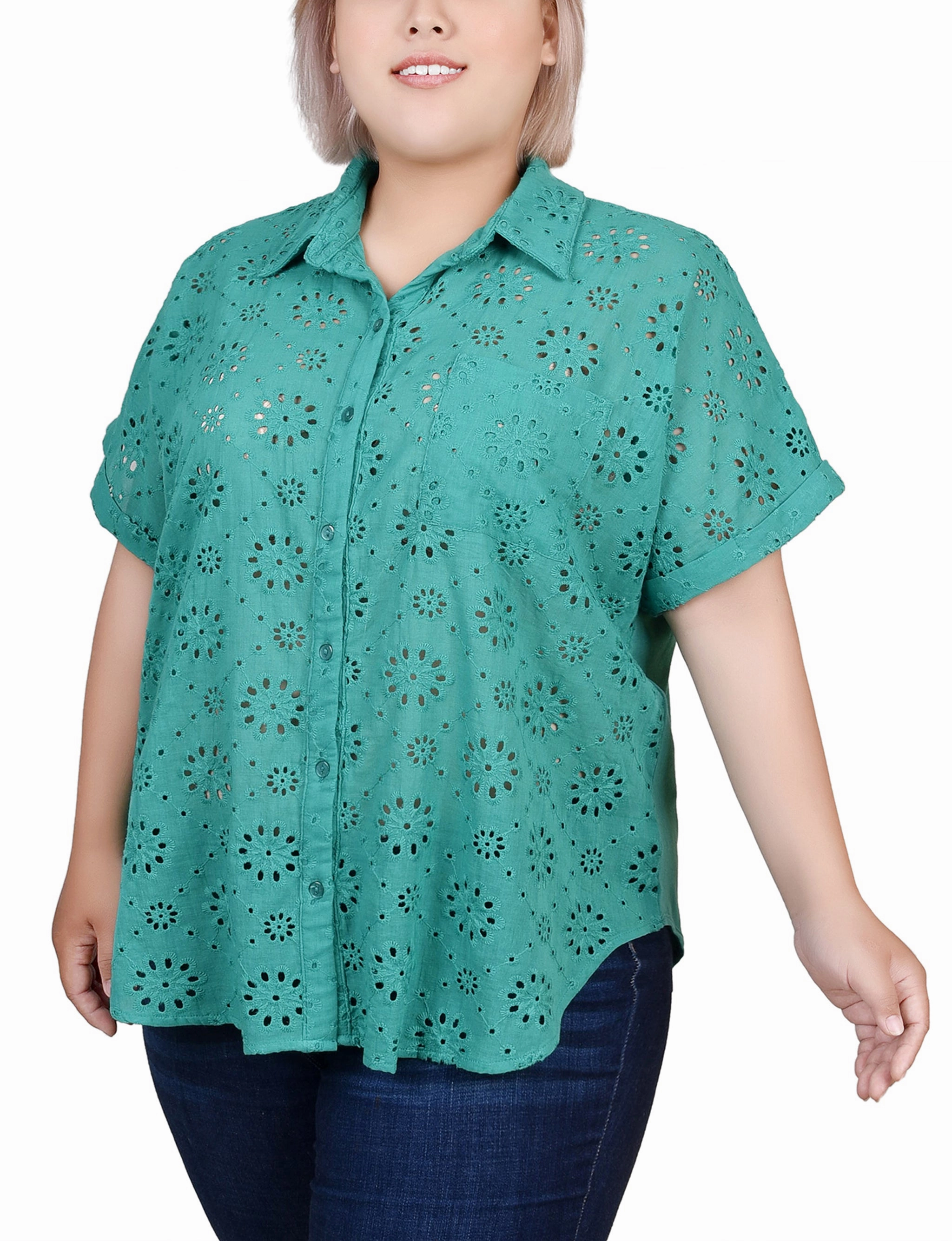 Reflective Accent Stripes BrushedInnerSurface Plus Size Short Sleeve Eyelet/Jersey Blouse