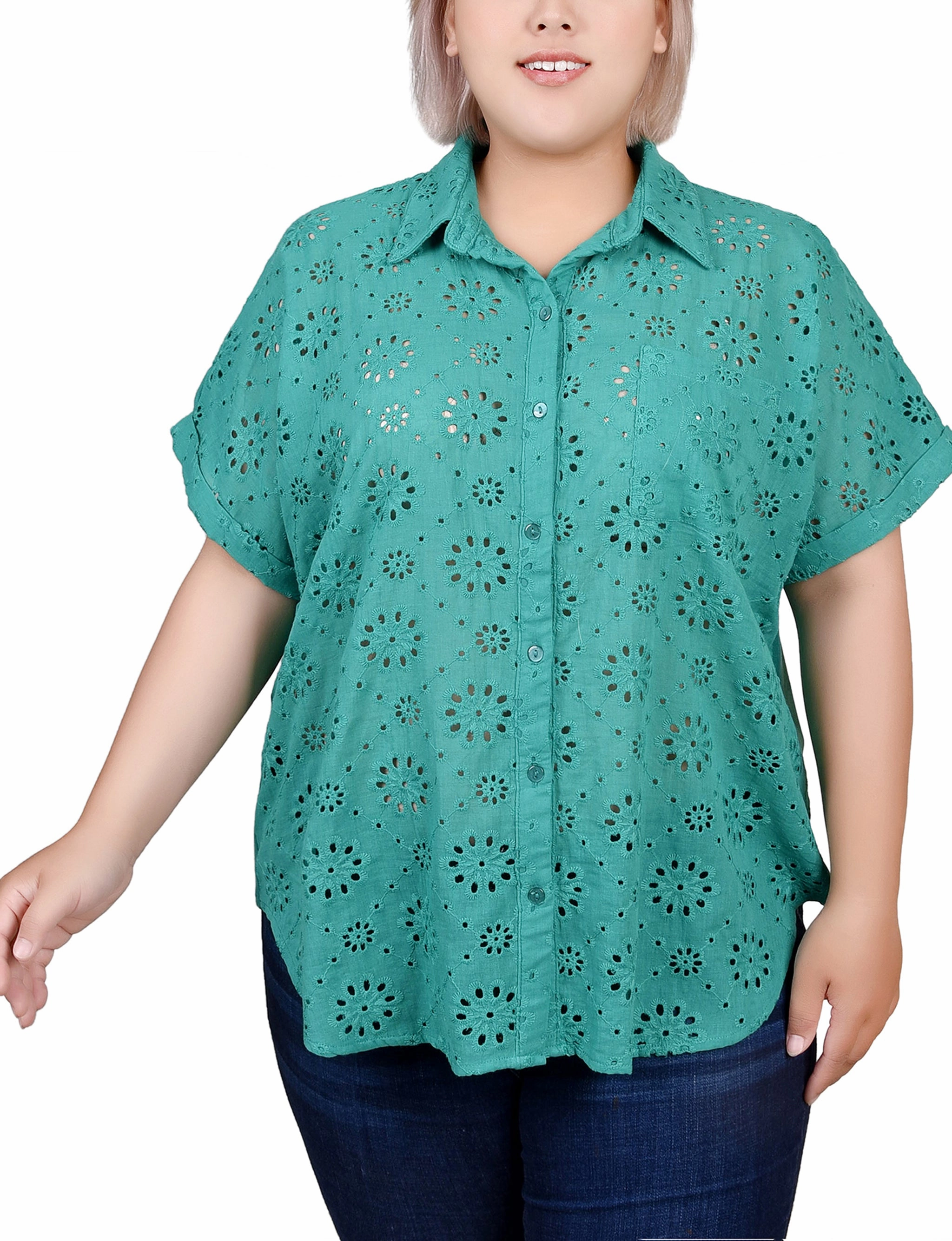 Plus Size Short Sleeve Eyelet/Jersey Blouse Low Profile Seaming
