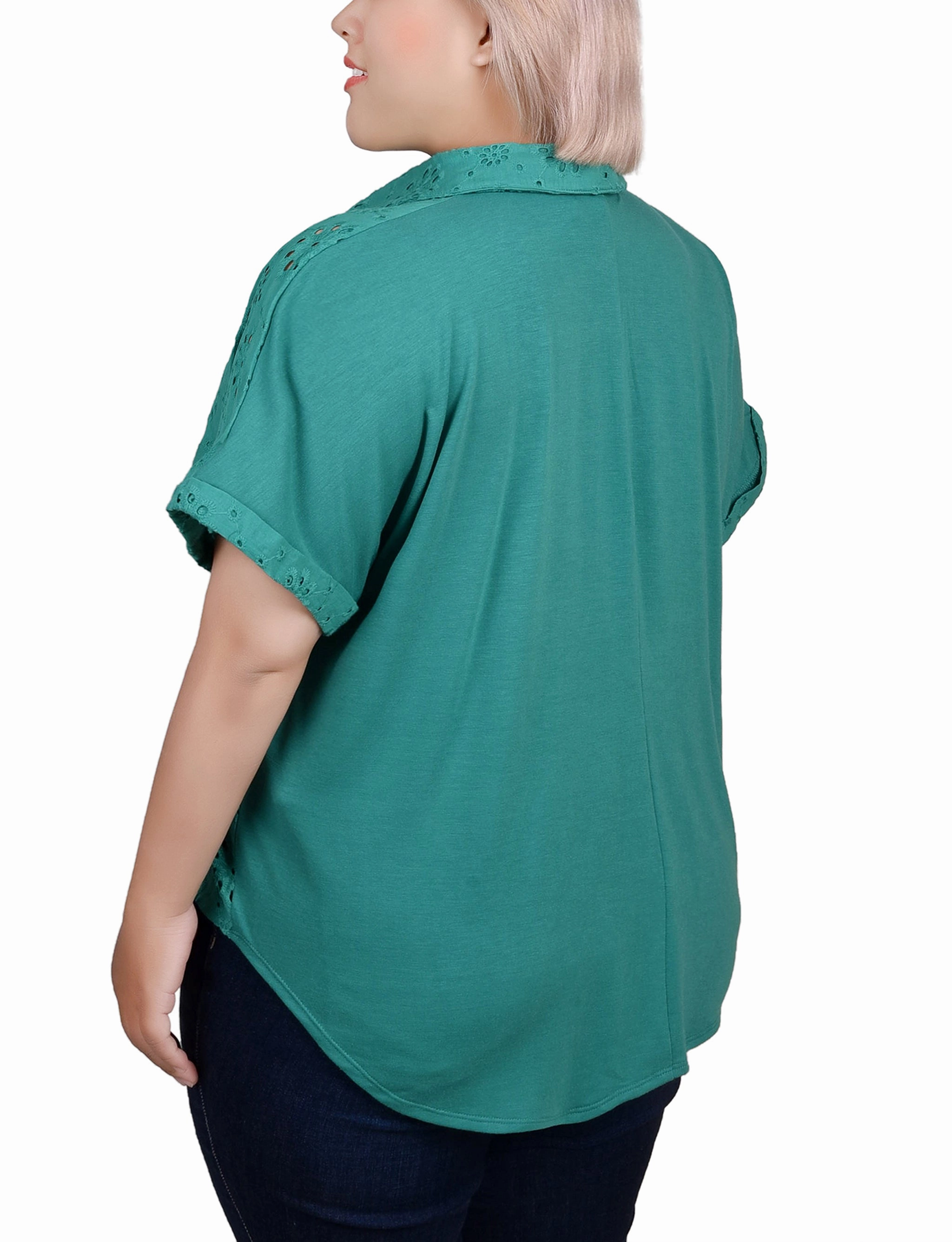 Plus Size Short Sleeve Eyelet/Jersey Blouse Relaxed Tank