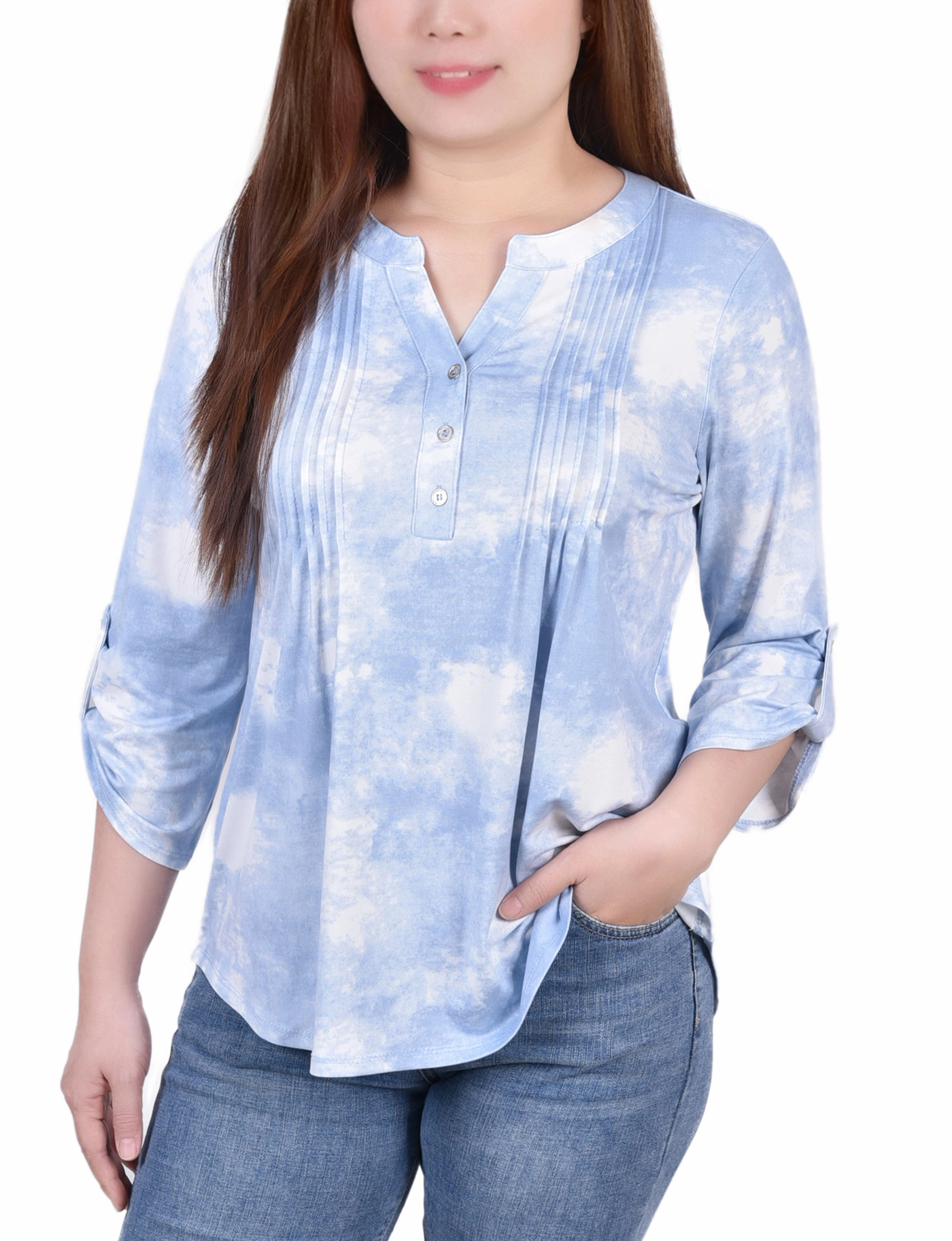 SoftTouchBrushedInterior Biodegradable material Knit Jacquard 3/4 Sleeve Roll Tab Top