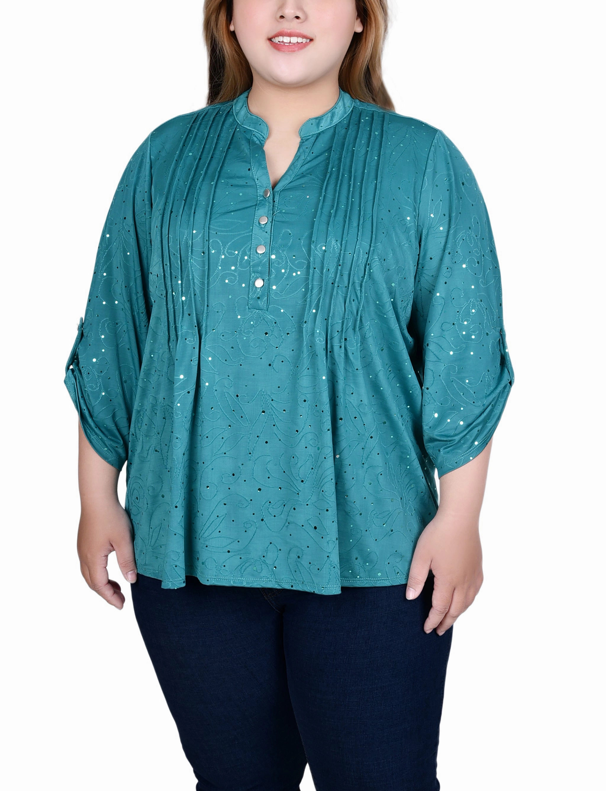 ZeroWastePattern WrinkleFree Finish Plus Size 3/4 Sleeve Roll Tab Y Neck Top