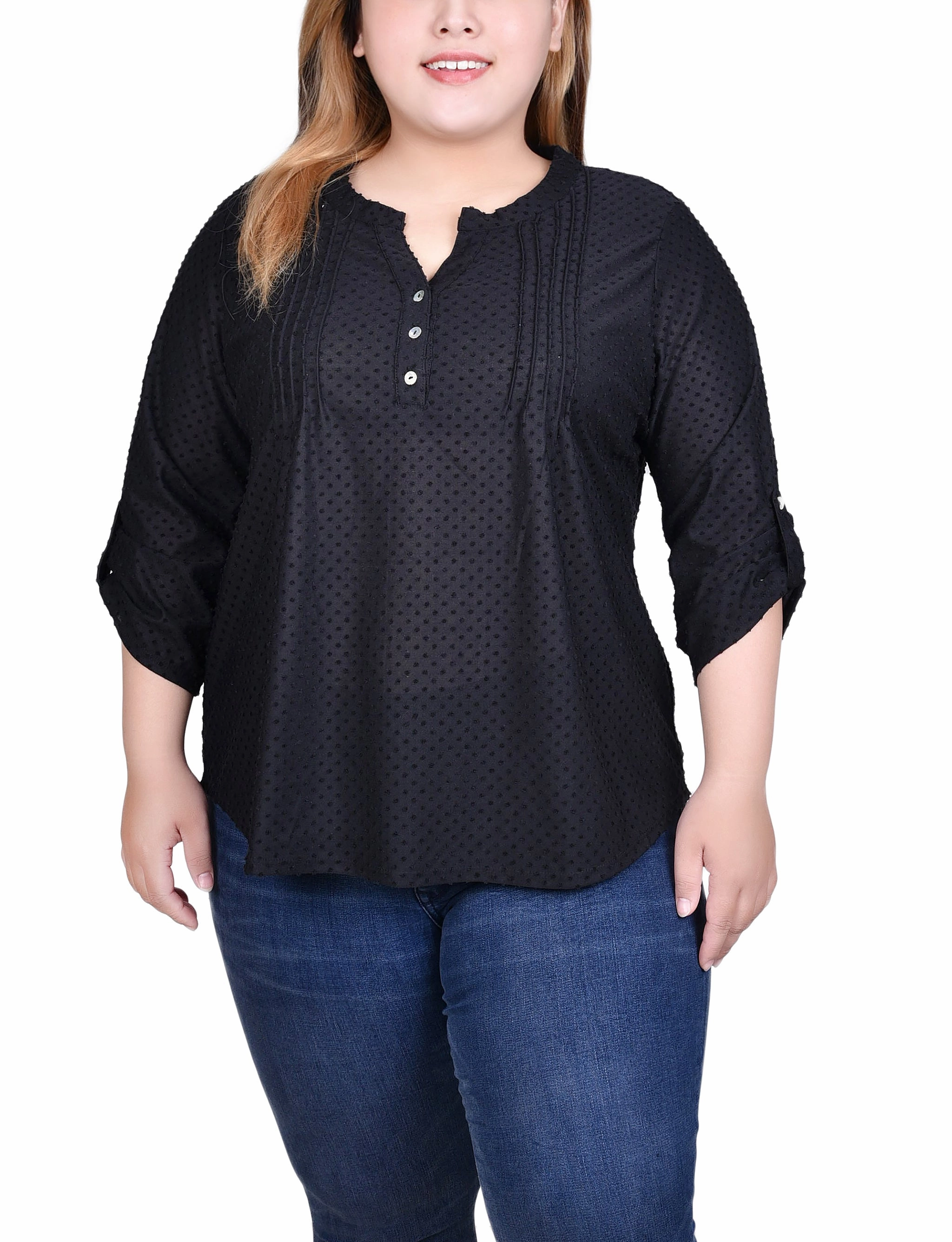 Plus Size 3/4 Sleeve Roll Tab Y Neck Top Bonded Seam Innovation
