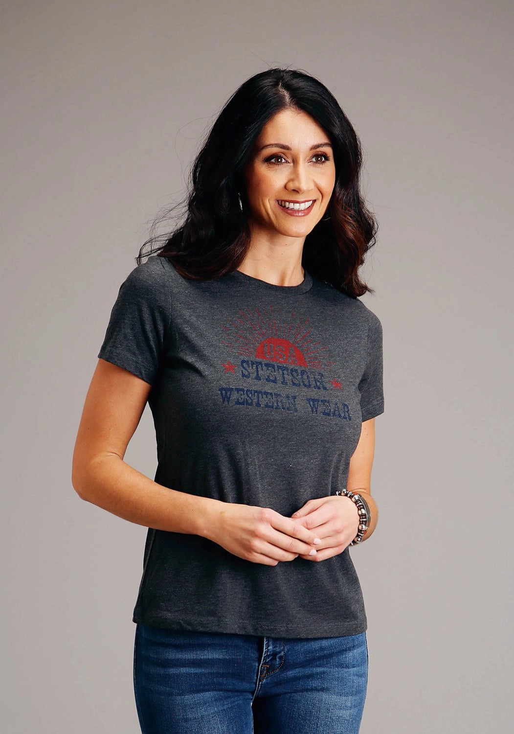slim fit Stetson Womens Dark Grey Cotton Blend Sunset USA S/S T-Shirt