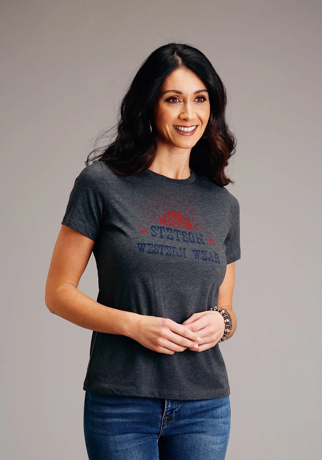 Floral Motif Classic Collar Stetson Womens Dark Grey Cotton Blend Sunset USA S/S T-Shirt
