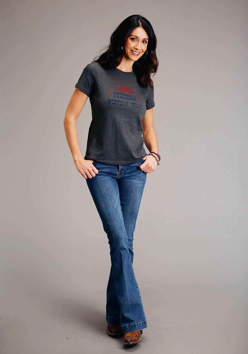 Stetson Womens Dark Grey Cotton Blend Sunset USA S/S T-Shirt Edgy Fashion