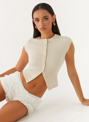 Blair Cap Sleeve Buttoned Top - Oatmeal Soft Material Convertible Sleeve Adaptation