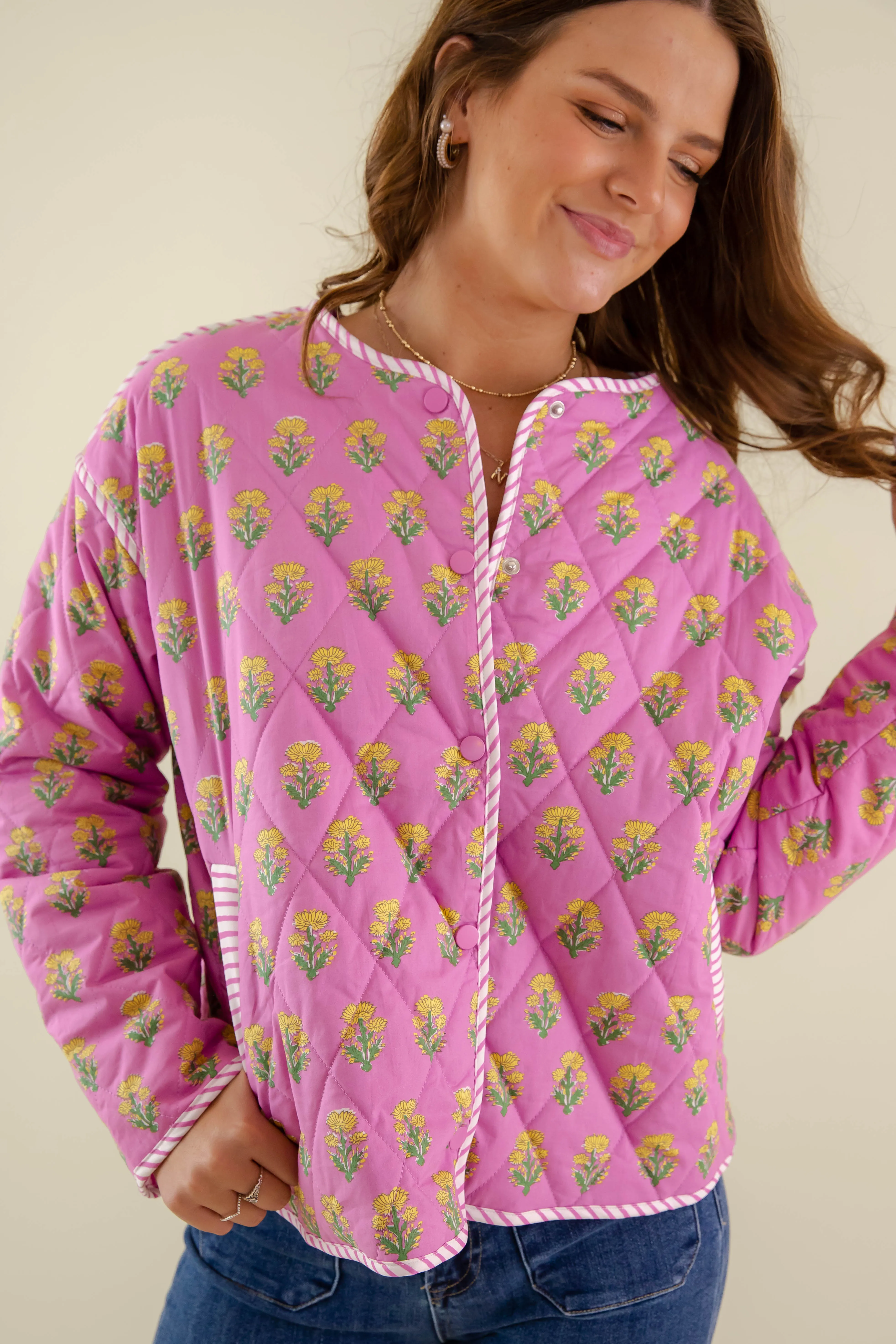 Blooming Where Planted Quilted Jacket Bold Statement Noise Reduciting Fabric