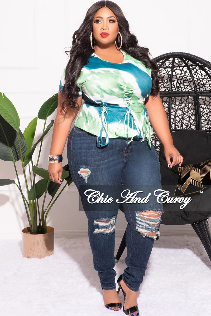 Final Sale Plus Size Lace Up Crop Top in Green White and Teal Tie Dye Print Eco Friendly Dyeing
