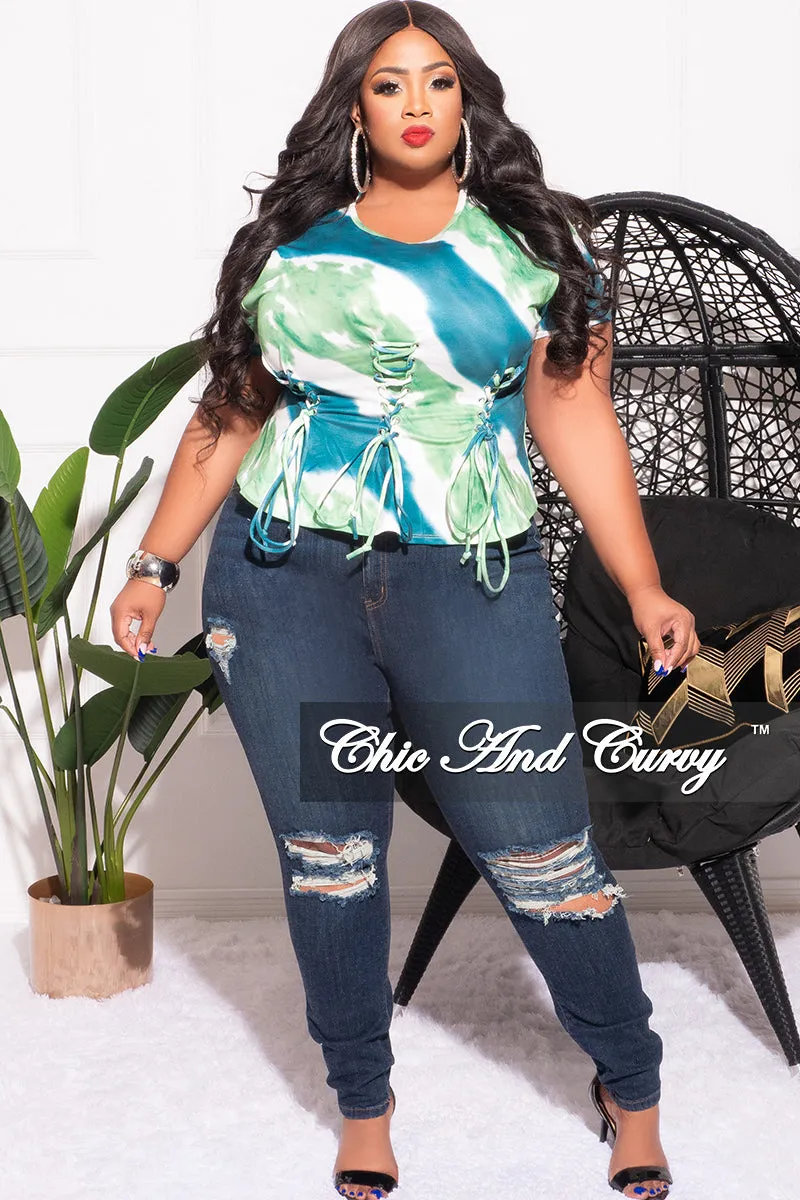 Comfortable Design Final Sale Plus Size Lace Up Crop Top in Green White and Teal Tie Dye Print