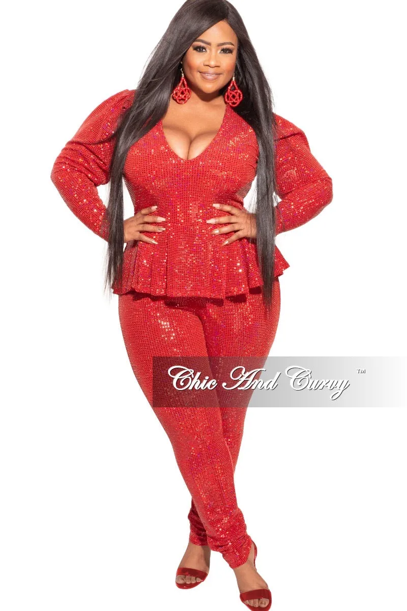 Smart Wear Stretchable Wear Final Sale Plus Size Deep V Faux Sequin Jumpsuit in Red