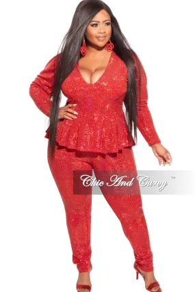 Chill Comfort Wear Final Sale Plus Size Deep V Faux Sequin Jumpsuit in Red