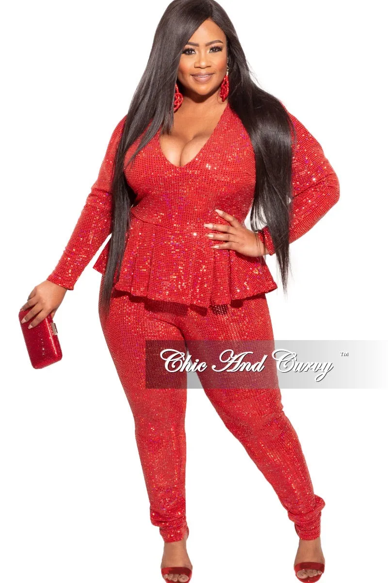 Smart Motion Final Sale Plus Size Deep V Faux Sequin Jumpsuit in Red