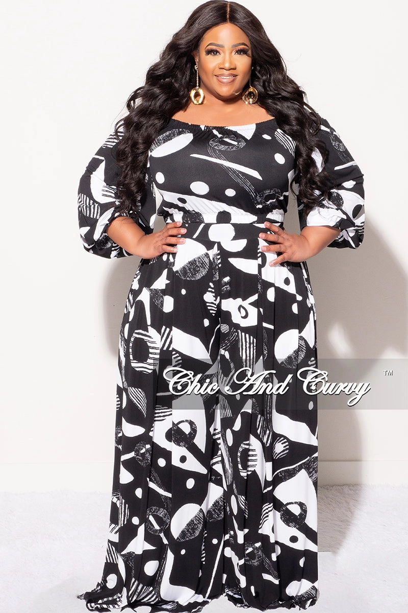 Final Sale Plus Size 2pc Puffy Sleeve Crop Top and Palazzo Pants Set in Black and White Laser Cut Perforations