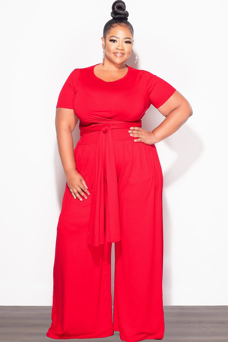 Final Sale Plus Size 2pc Short Sleeve Tie Top and Pants Set in Red Fit Freedom