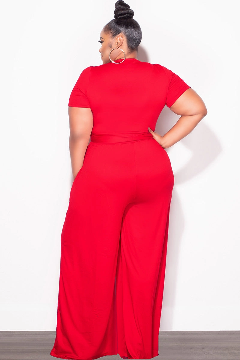Breathable Material Final Sale Plus Size 2pc Short Sleeve Tie Top and Pants Set in Red