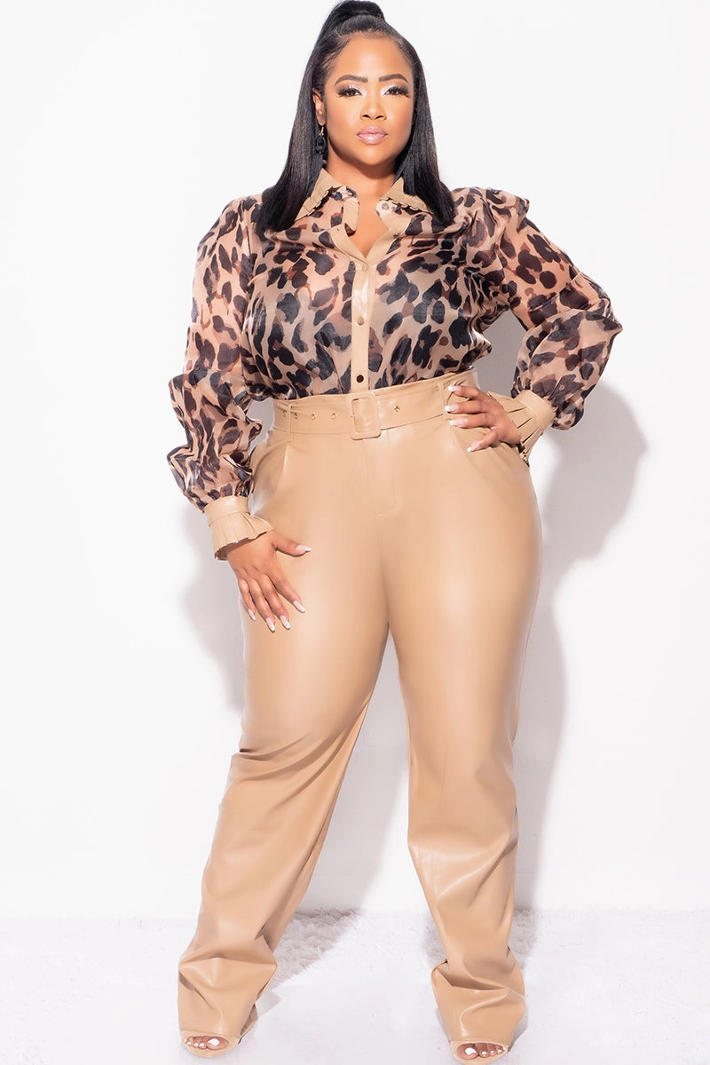 Stretch Motion Fashionable Design Final Sale Plus Size 2pc Chiffon Button Up Collar Top and Faux Leather Pants Set in Animal Print
