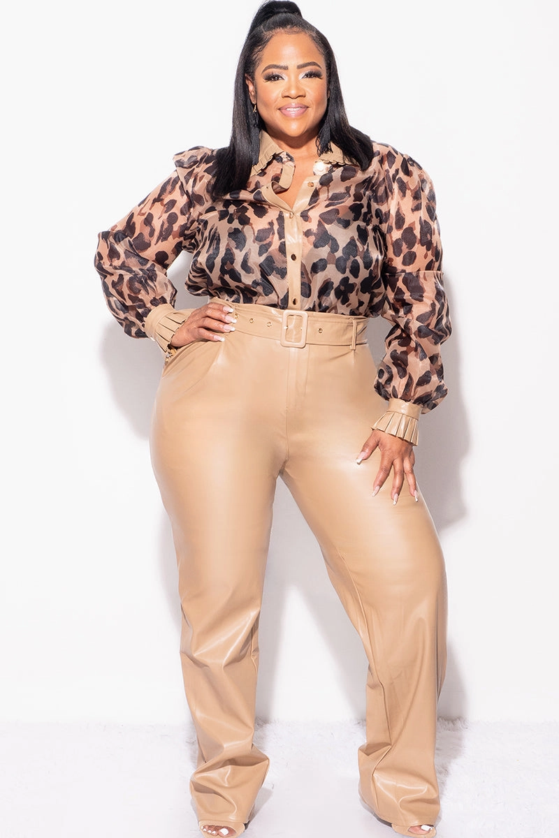 Final Sale Plus Size 2pc Chiffon Button Up Collar Top and Faux Leather Pants Set in Animal Print Water resistant coating