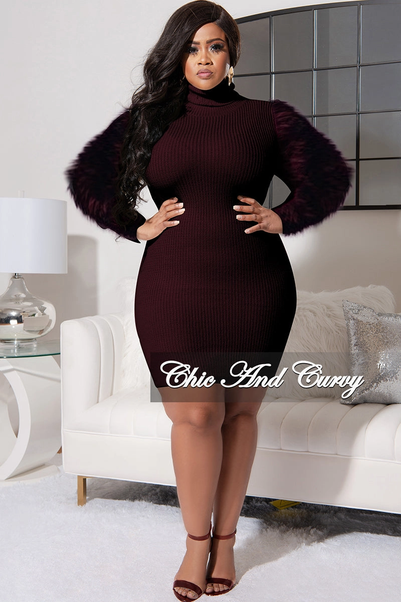 Soft Touch Material Final Sale Plus Size Turtle Neck Sweater Dress with Faux Fur Sleeves in Brown