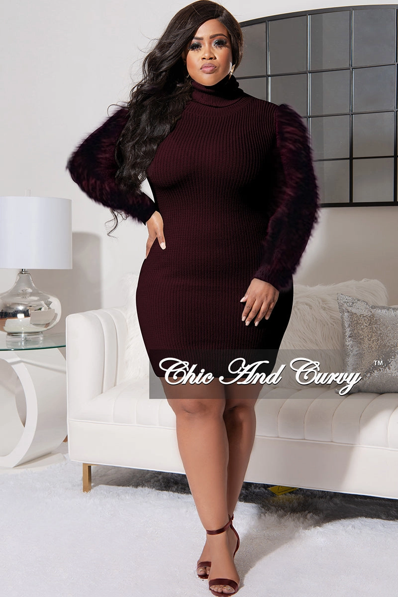Final Sale Plus Size Turtle Neck Sweater Dress with Faux Fur Sleeves in Brown LightweightComfort sporty wear