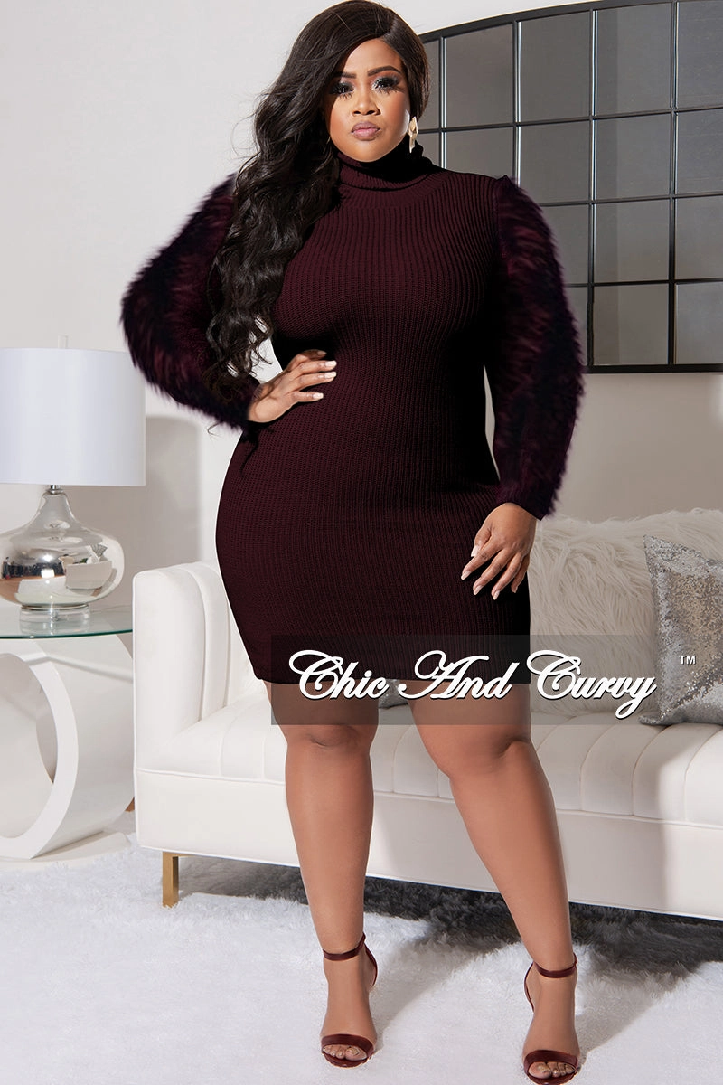 UVProtectionCoating Final Sale Plus Size Turtle Neck Sweater Dress with Faux Fur Sleeves in Brown