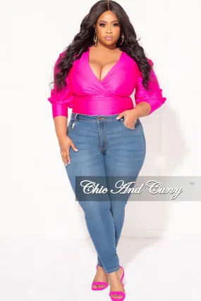 Final Sale Plus Size Faux Bodysuit with Ruched Puffy Sleeves in Fuchsia Low Profile Waistband
