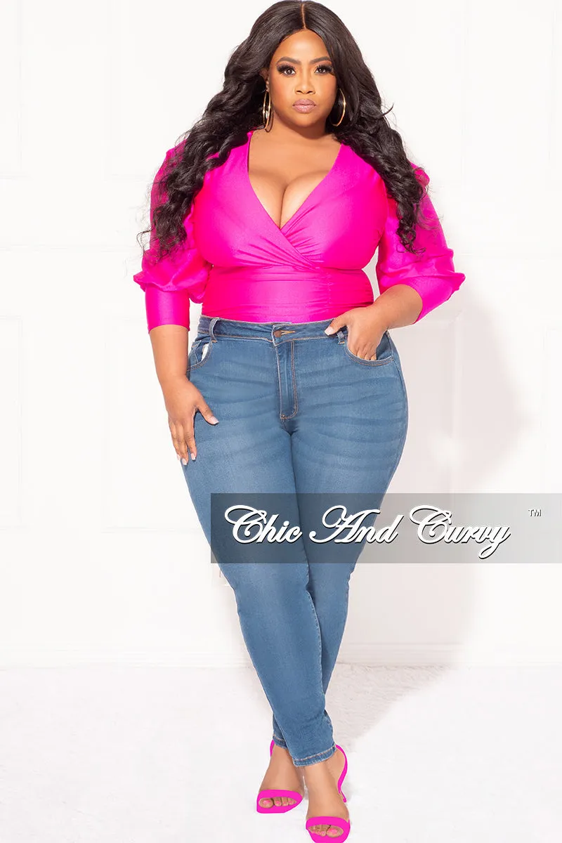 Final Sale Plus Size Faux Bodysuit with Ruched Puffy Sleeves in Fuchsia Comfy Cut