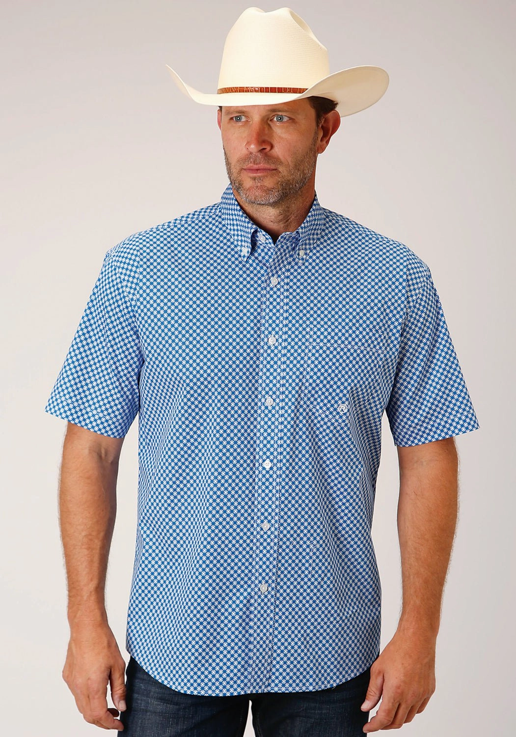 Reinforced Hems Roper Mens Blue Cotton Blend Diamond Star Geo BD S/S 1 Pkt Shirt