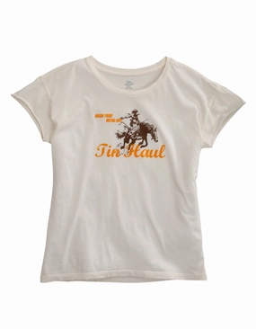 Tin Haul Womens White 100% Cotton Lady Horserider S/S T-Shirt Timeless Piece Non Irritating Seams