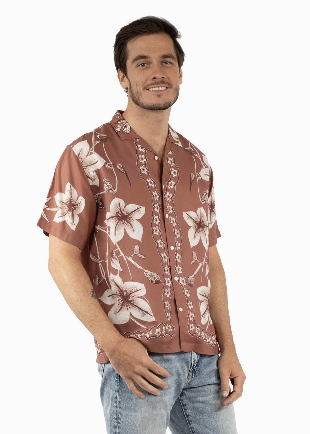 Scully Mens Hawaiian Orchid Print Brown 100% Viscose S/S Shirt tailored look Evening Elegance